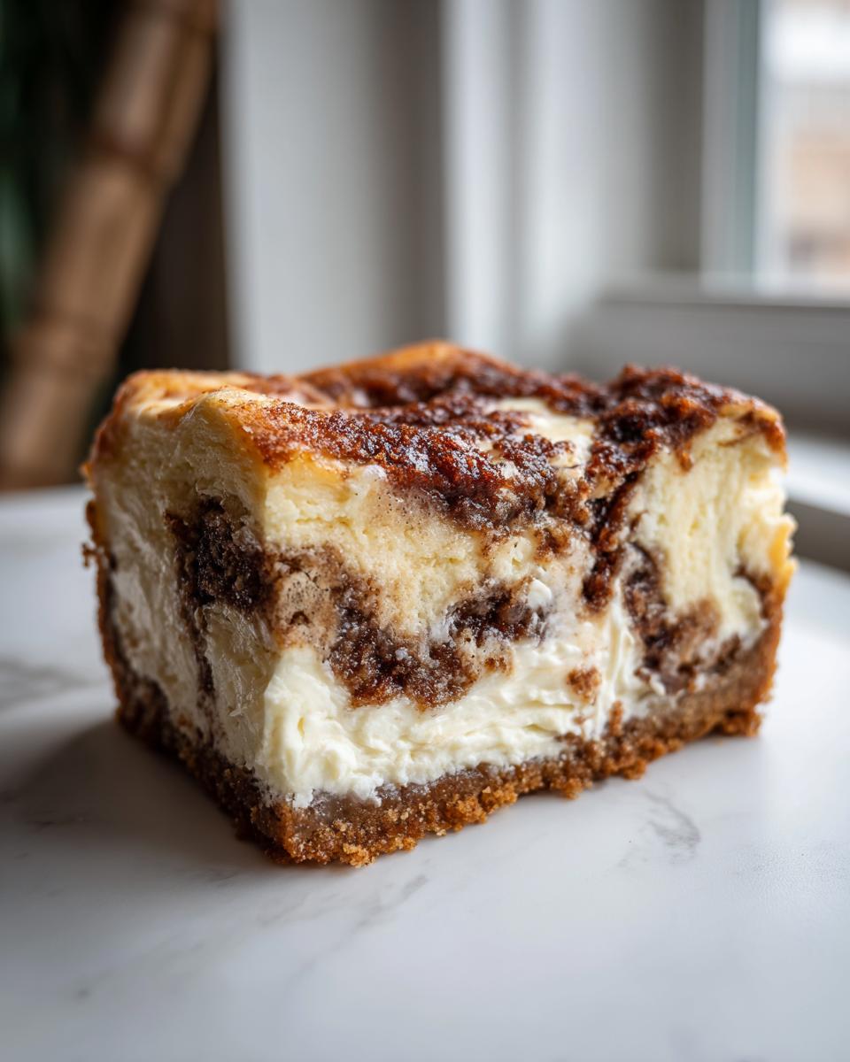 A close-up of a rich slice of cinnamon roll cheesecake showing the creamy filling and brown cinnamon swirl layers.
