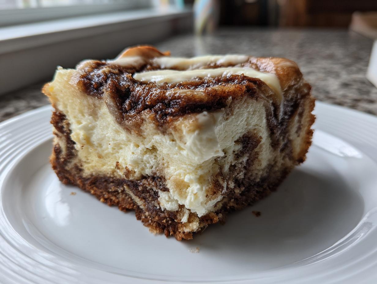 A close-up of a decadent slice of cinnamon roll cheesecake showing rich cinnamon swirls and creamy texture on a white plate.