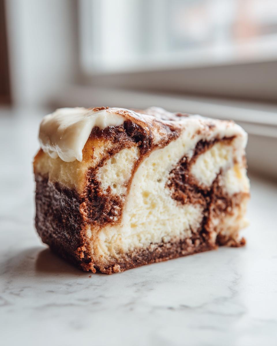 A close-up shot of a square slice of cinnamon roll cheesecake showing marbled layers and cream cheese frosting.