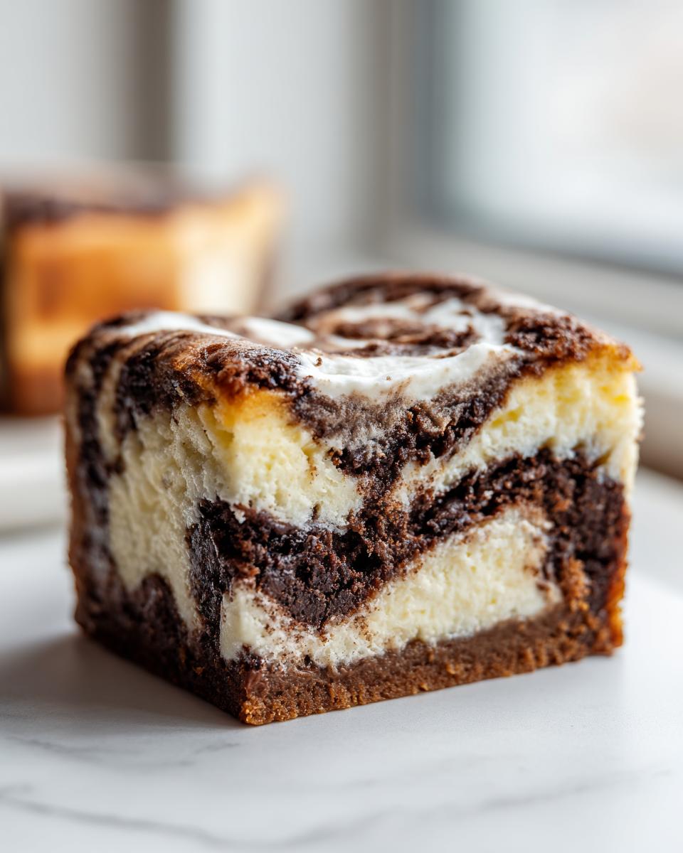 Close-up of a rich, marbled slice of cinnamon roll cheesecake showing dark brown swirls against creamy white cheesecake.
