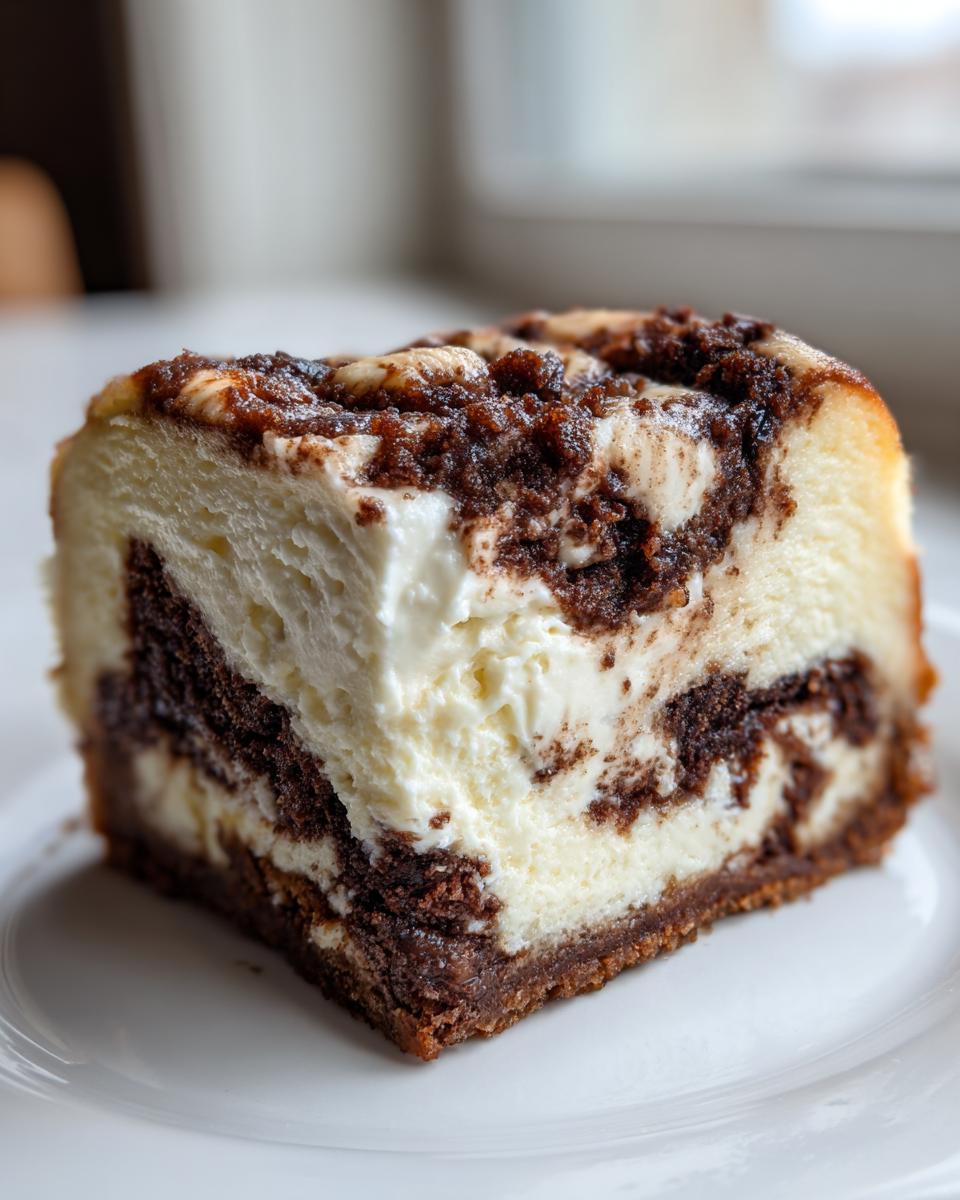 Close-up of a rich slice of cinnamon roll cheesecake showing creamy white filling swirled with dark brown cinnamon streusel.