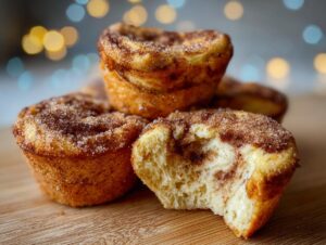 A close-up of several golden french toast muffins topped with cinnamon sugar, with one muffin having a bite taken out.