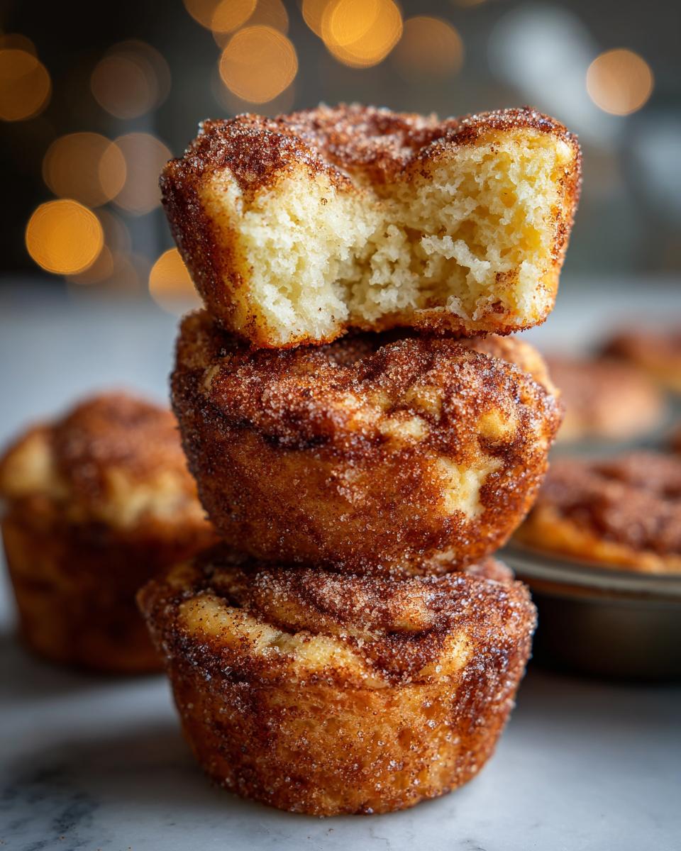 A stack of three cinnamon sugar french toast muffins, with the top one having a bite taken out, showing the soft interior.