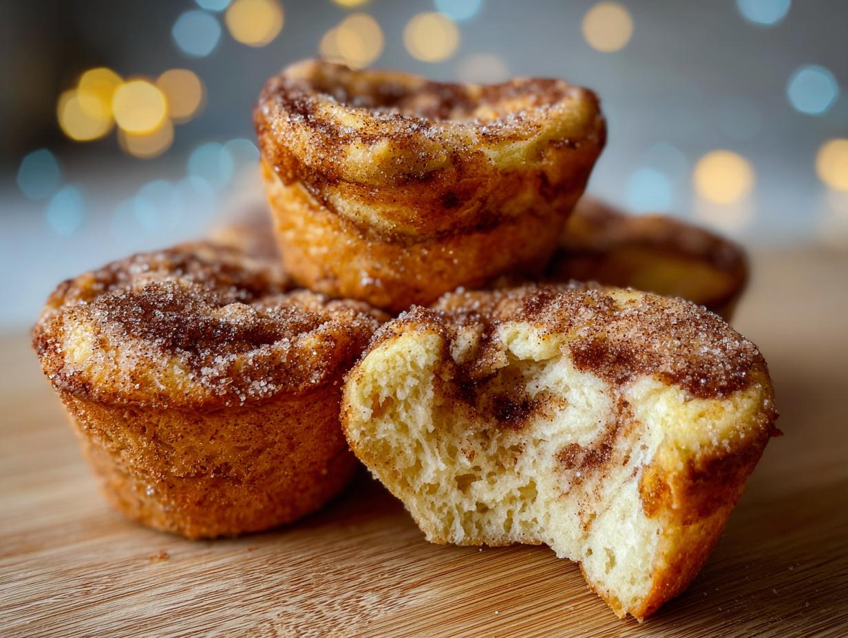 A close-up of several golden french toast muffins topped with cinnamon sugar, with one muffin having a bite taken out.
