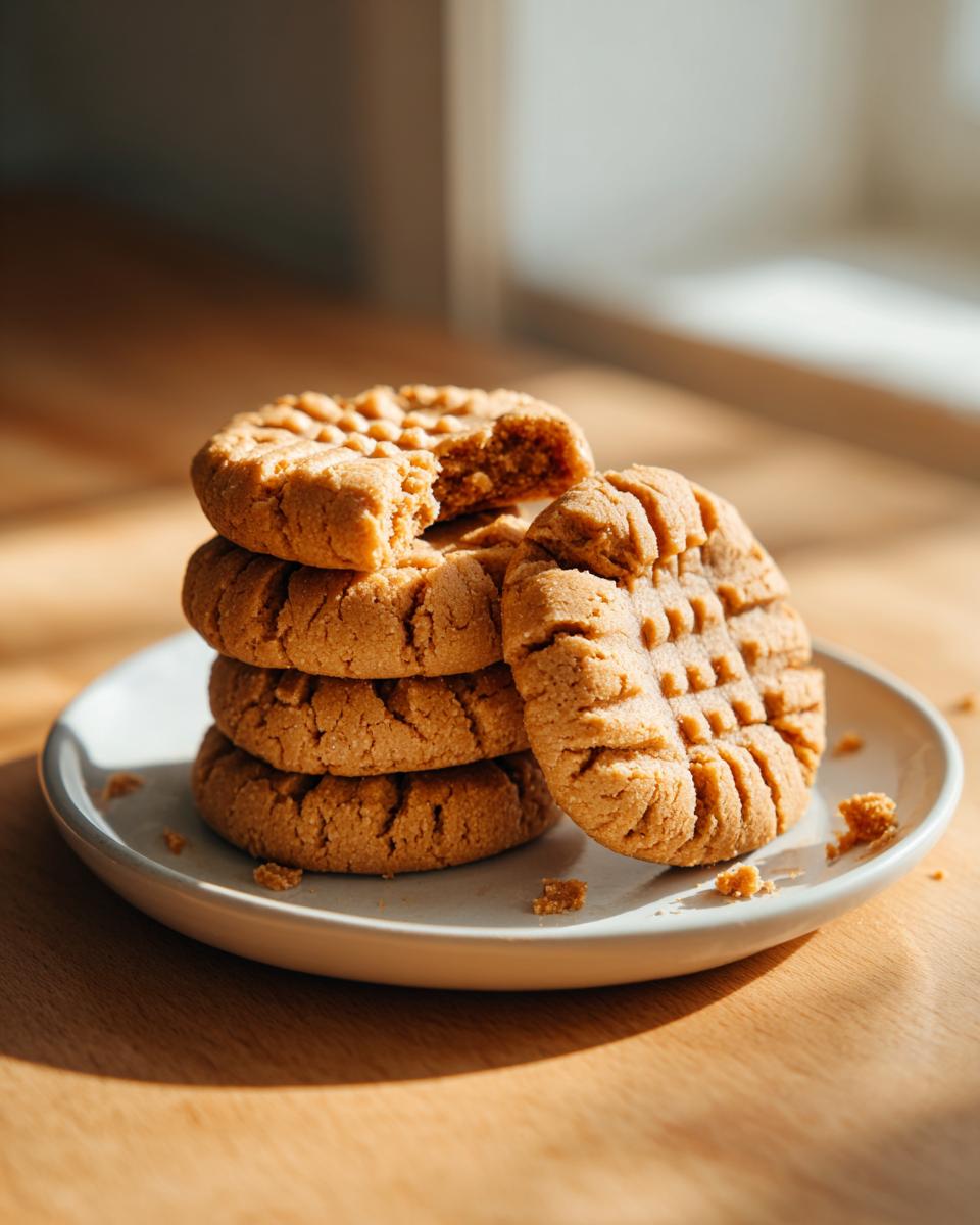 A stack of four classic peanut butter cookies, one broken open, sitting on a small plate.