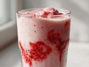 Close-up of a tall glass filled with frothy, pink strawberry milk, showing streaks of rich strawberry syrup.