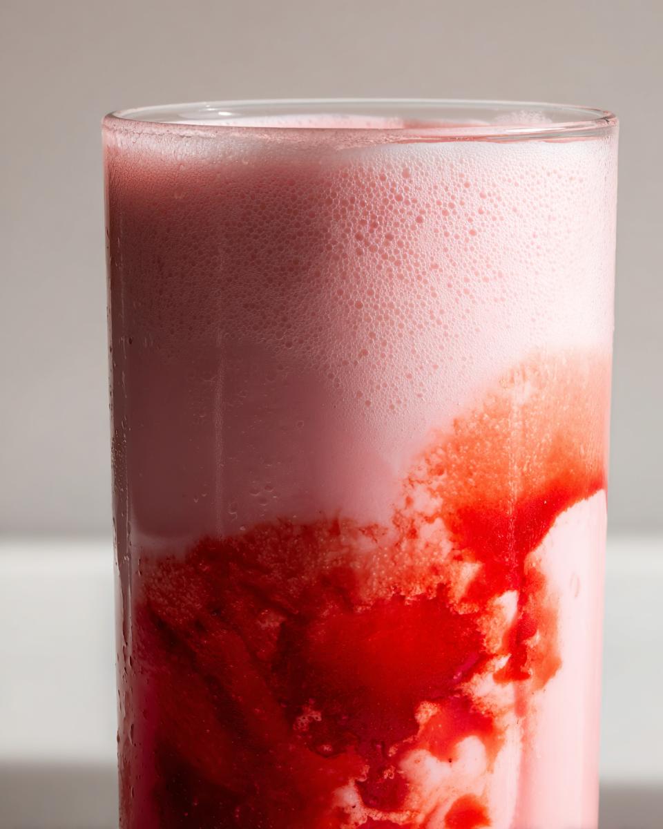 Close-up of a tall glass showing vibrant red strawberry syrup mixing into pink strawberry milk with a thick layer of foam on top.