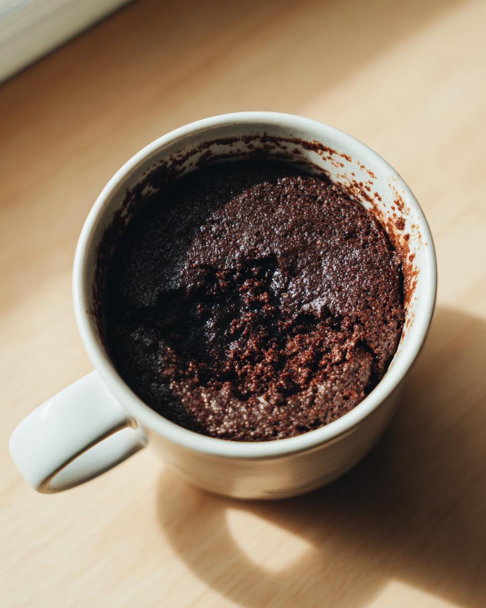 Top-down view of a rich, dark chocolate Cottage Cheese Microwave Brownie baked inside a white mug.