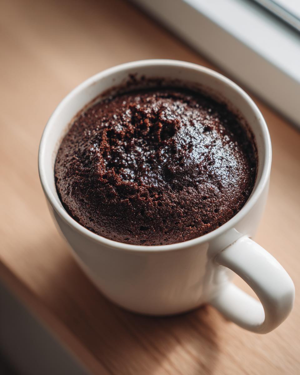 A rich, dark chocolate Cottage Cheese Microwave Brownie baked perfectly inside a white ceramic mug.