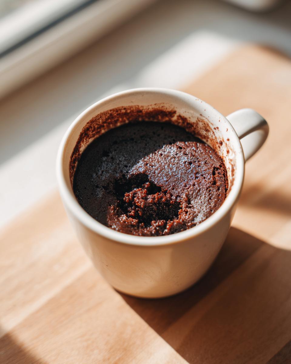 Close-up of a freshly baked Cottage Cheese Microwave Brownie in a light-colored mug.