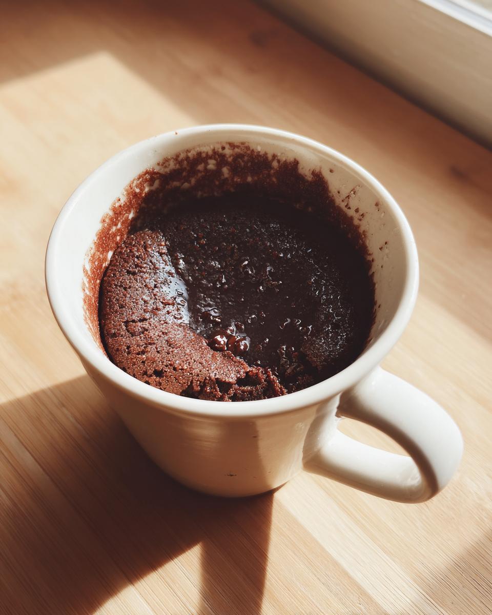 Close-up of a rich, dark chocolate Cottage Cheese Microwave Brownie baked inside a white mug.