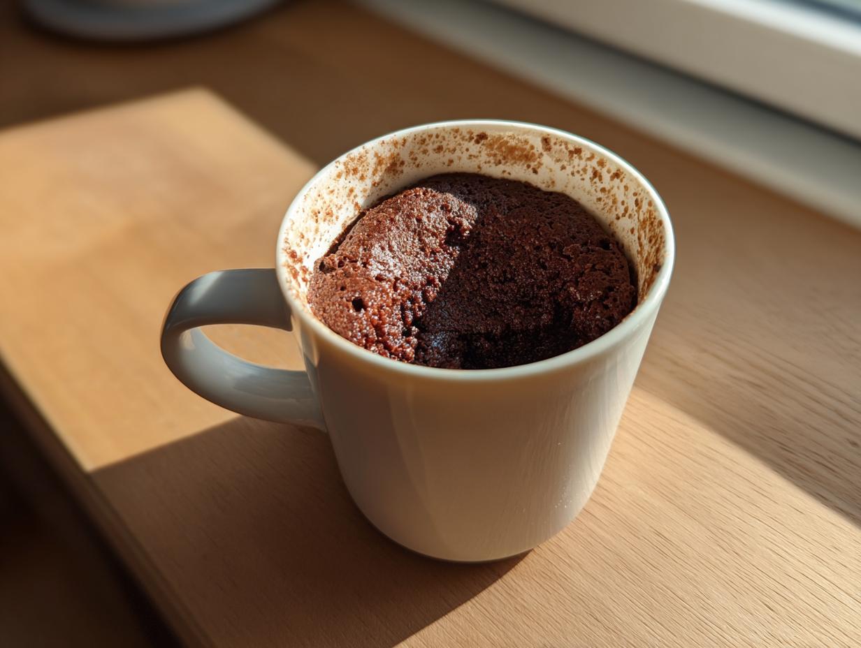 A freshly baked Cottage Cheese Microwave Brownie puffed up inside a white ceramic mug, sitting on a wooden surface.