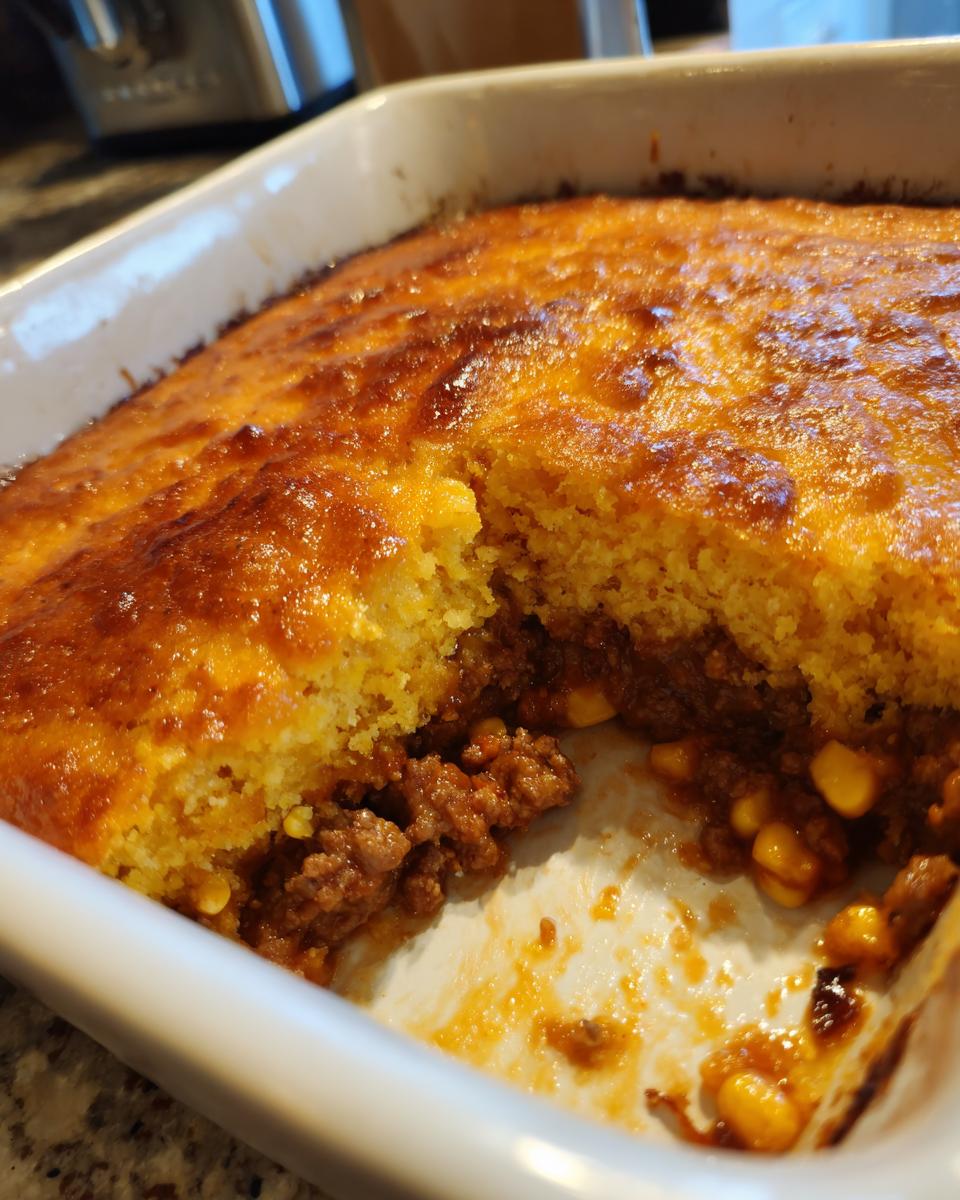 Close-up of a golden-brown cowboy cornbread casserole with a serving removed, showing the meaty, saucy filling with corn.