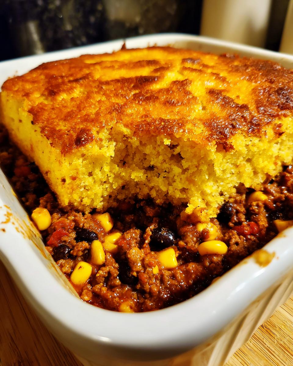 Close-up of a baked cowboy cornbread casserole with a thick, golden cornbread top over chili filling.