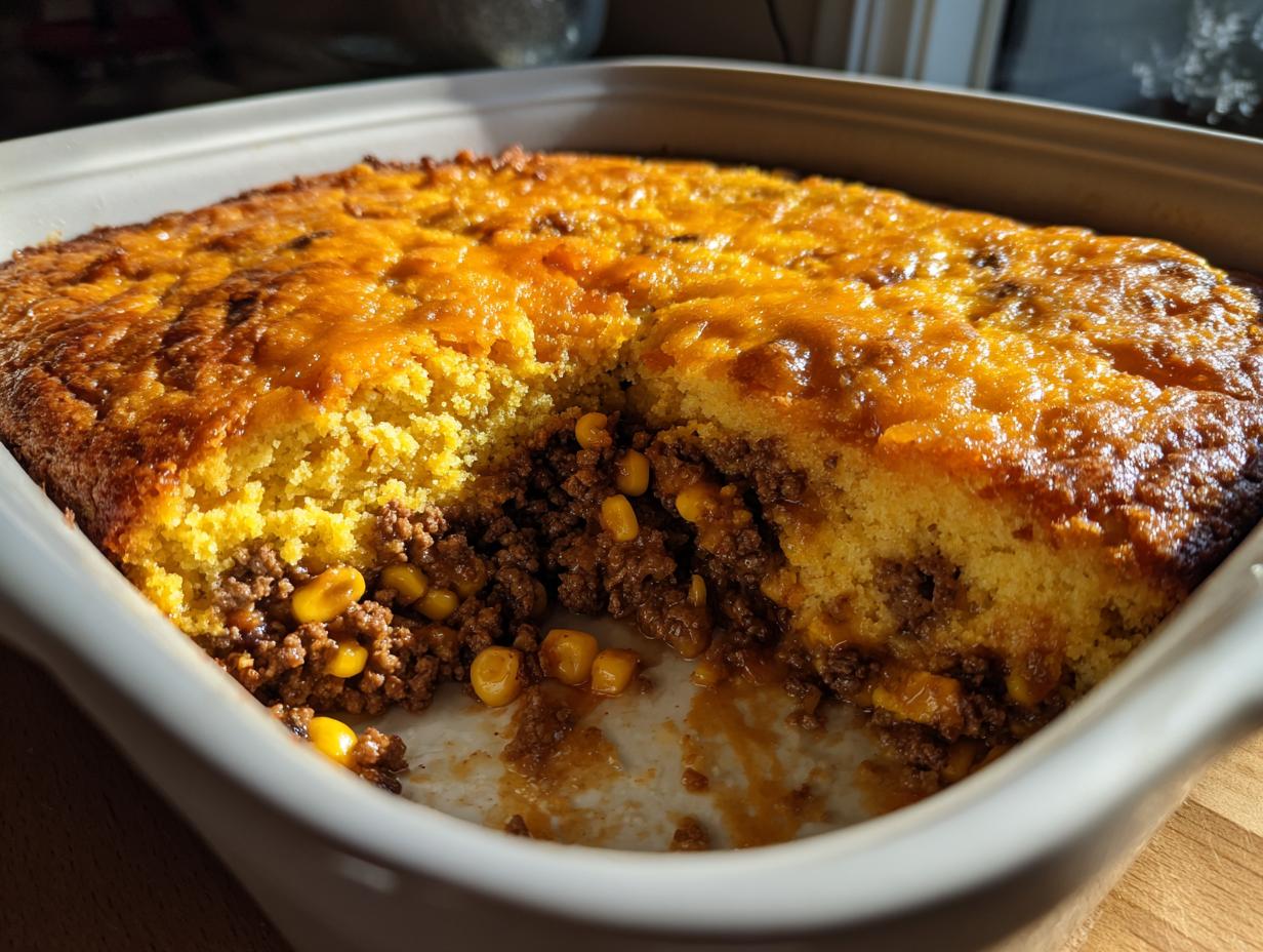 A portion removed from a cowboy cornbread casserole showing the savory ground meat and corn filling beneath the golden cornbread topping.