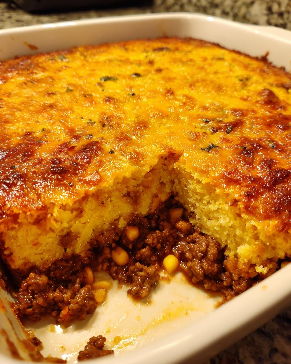 Close-up of a serving removed from a cowboy cornbread casserole, showing the golden cornbread top and meaty chili base with corn.