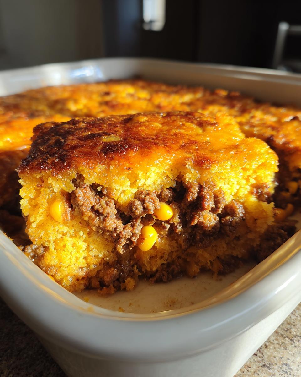 Close-up of a serving of cowboy cornbread casserole showing the golden cornbread top layer and savory ground meat filling with visible corn kernels.