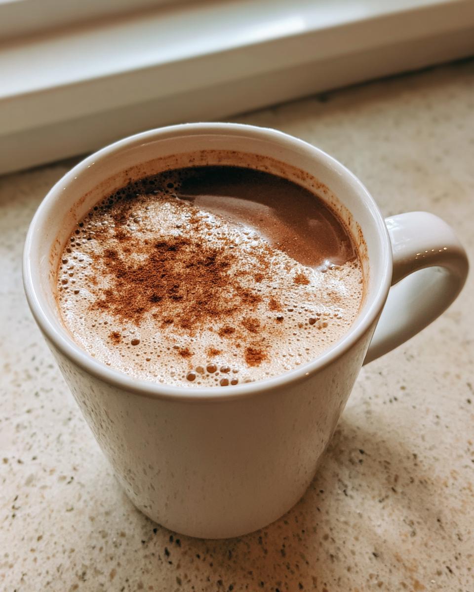 Close-up of a white mug filled with rich Mexican hot chocolate, topped with foamy milk and a dusting of cinnamon.