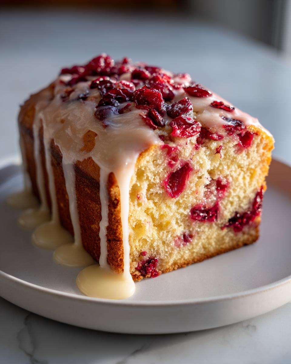 A close-up of a slice of moist cranberry orange bread topped with a vanilla glaze and dried cranberries.