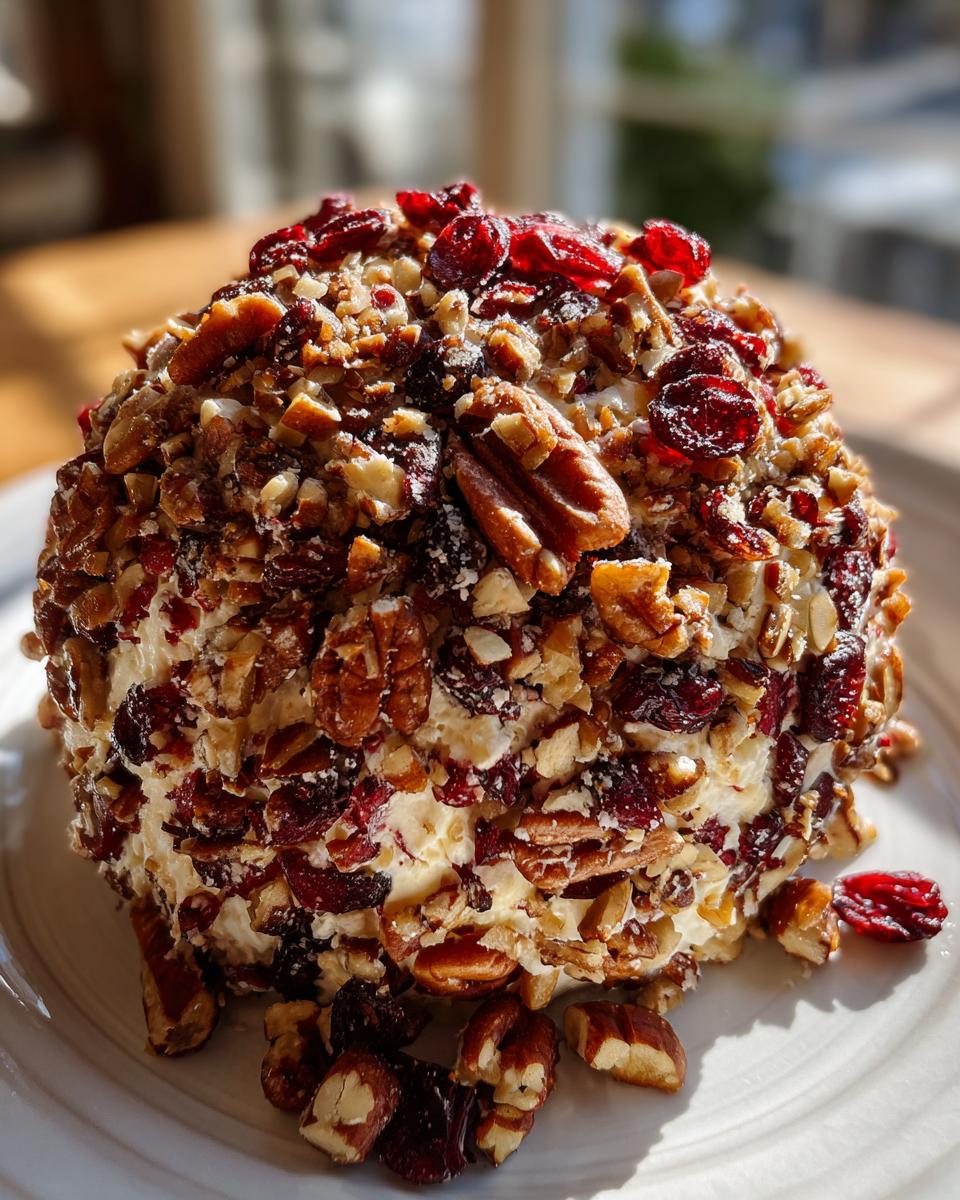 A perfectly formed cranberry pecan cheese ball coated heavily in chopped pecans and dried cranberries, sitting on a white plate.