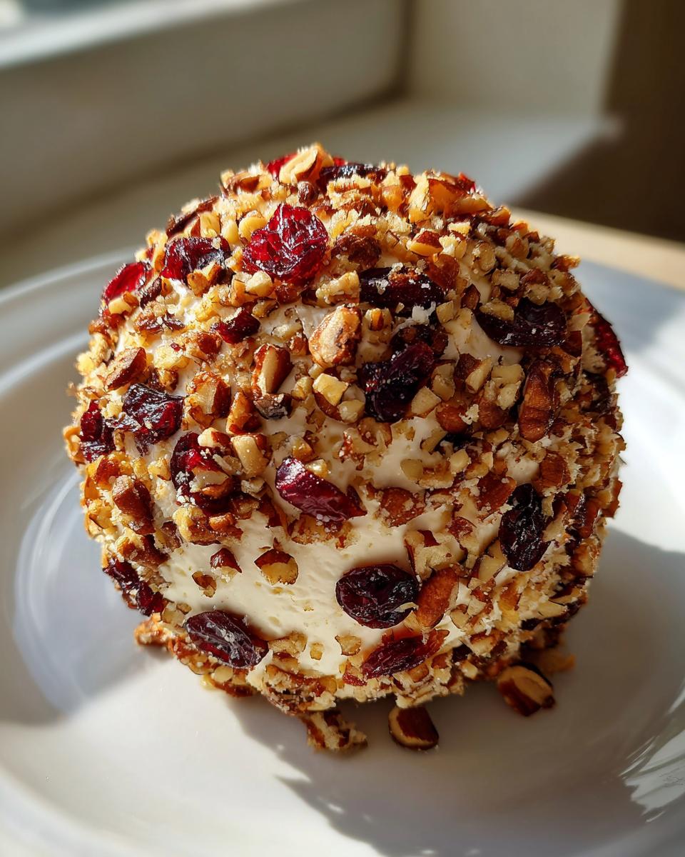 A perfectly formed cranberry pecan cheese ball coated heavily in chopped pecans and dried cranberries.