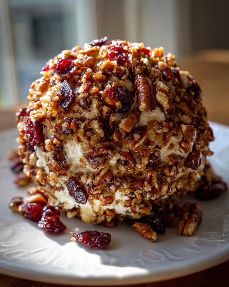 A close-up of the amazing cranberry pecan cheese ball coated in chopped nuts and dried cranberries on a white plate.