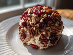 A perfectly formed cranberry pecan cheese ball coated in chopped pecans and dried cranberries, sitting on a white plate.