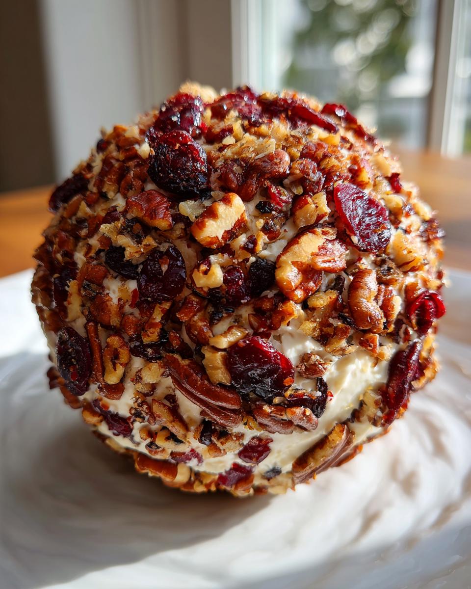 A close-up of a perfectly formed cranberry pecan cheese ball coated in chopped nuts and dried cranberries.