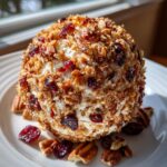 A perfectly formed cranberry pecan cheese ball coated in chopped nuts and dried cranberries on a white plate.