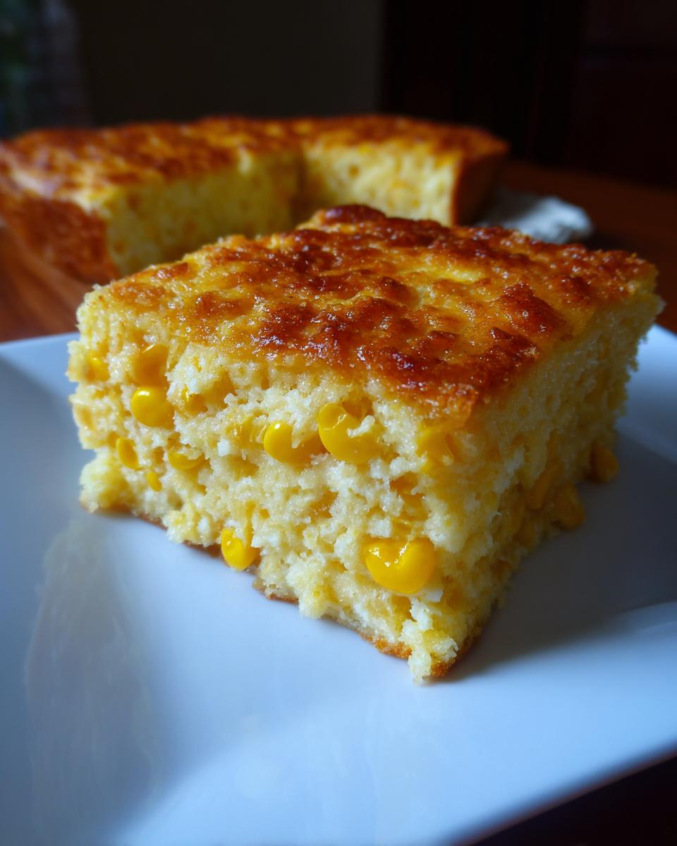 A close-up of a moist slice of cream cheese corn casserole with visible corn kernels and a golden brown top.