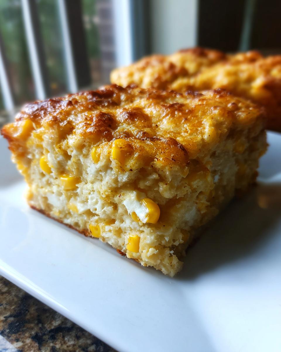 A close-up of a square slice of baked cream cheese corn casserole showing visible corn kernels and a golden, cheesy crust.