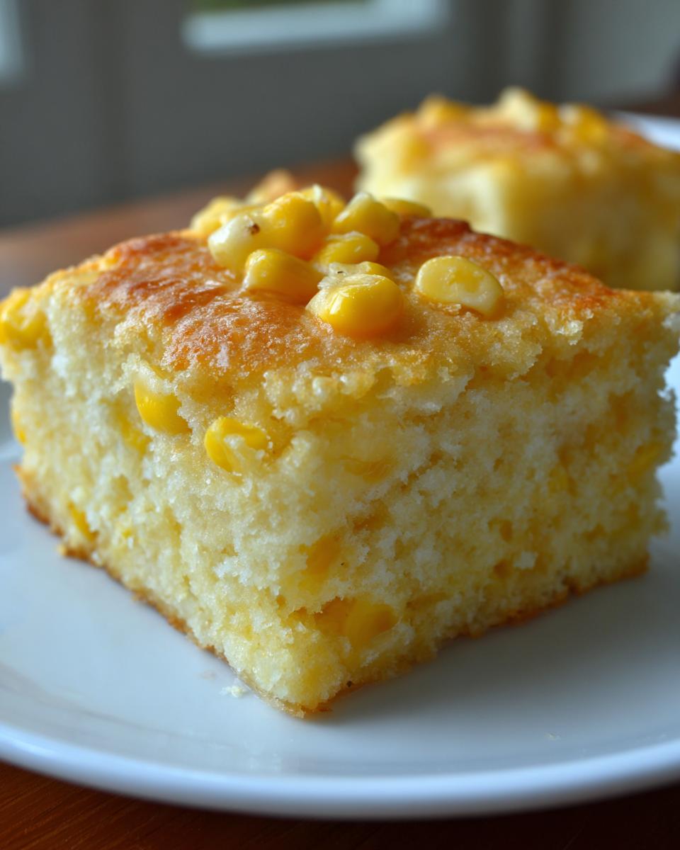 A close-up of a square slice of moist cream cheese corn casserole topped with whole corn kernels.