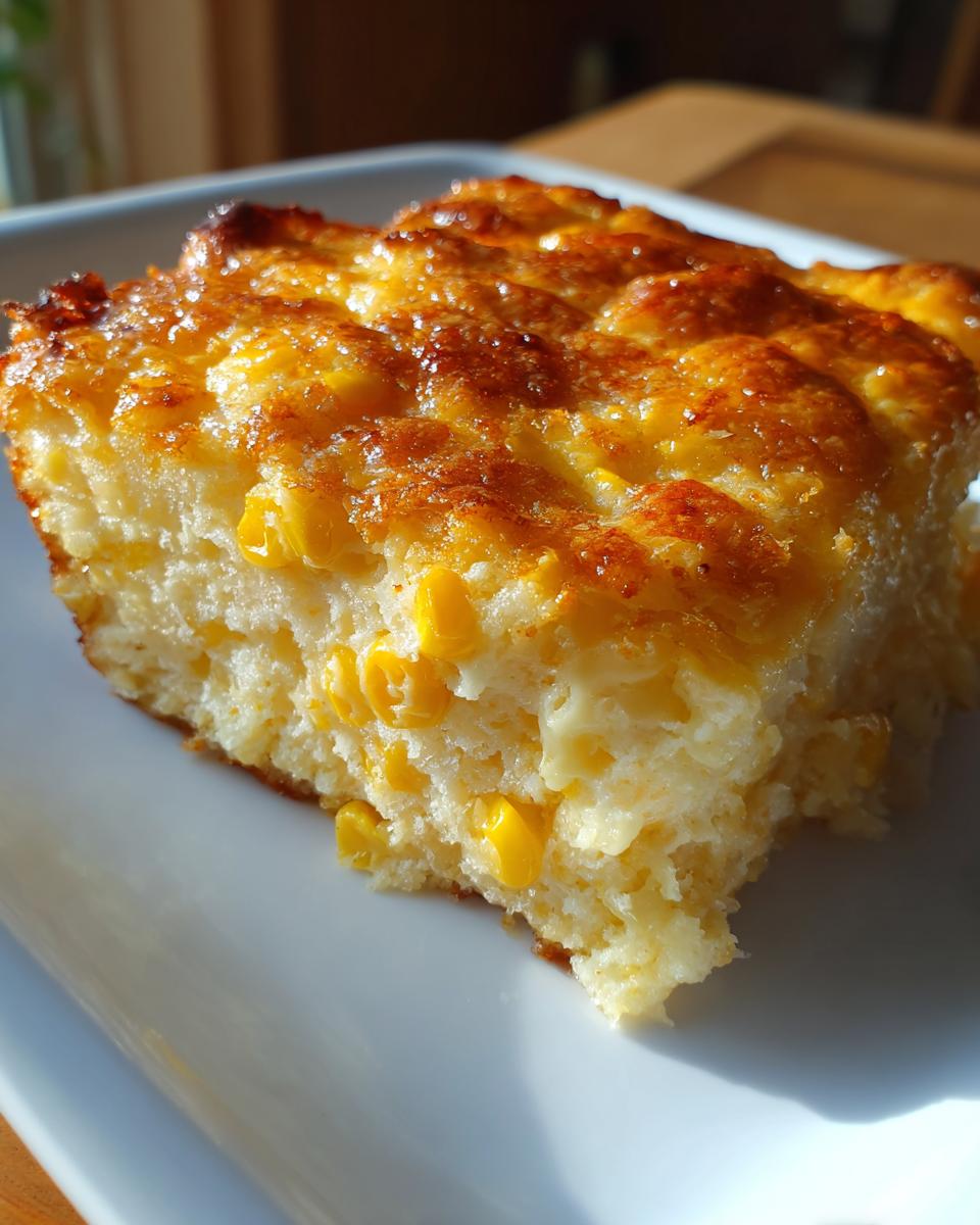 A close-up of a moist, golden slice of cream cheese corn casserole with visible corn kernels.