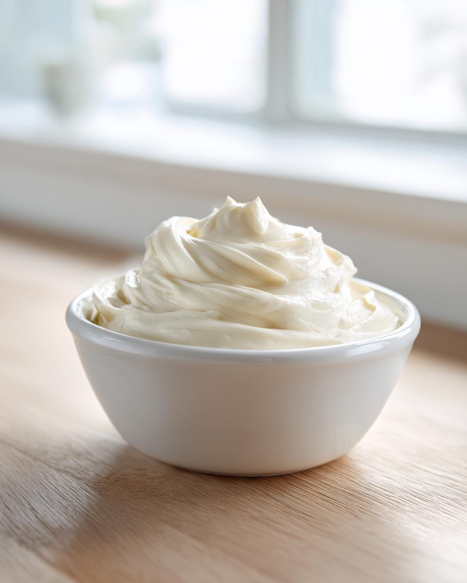 A white bowl filled with smooth, swirled creamy fruit dip, set on a wooden surface near a bright window.