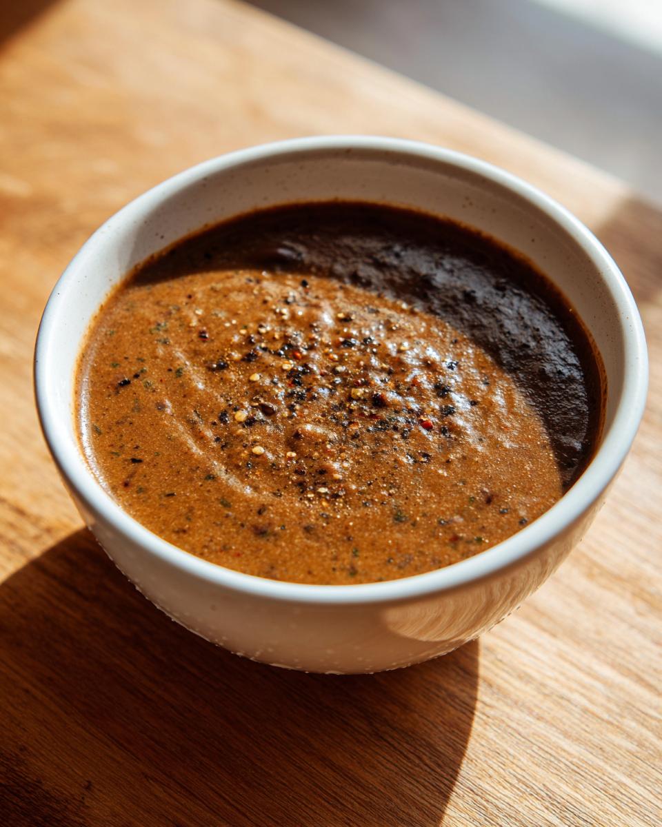 Close-up of creamy black bean soup in a white bowl, seasoned heavily with cracked black pepper.