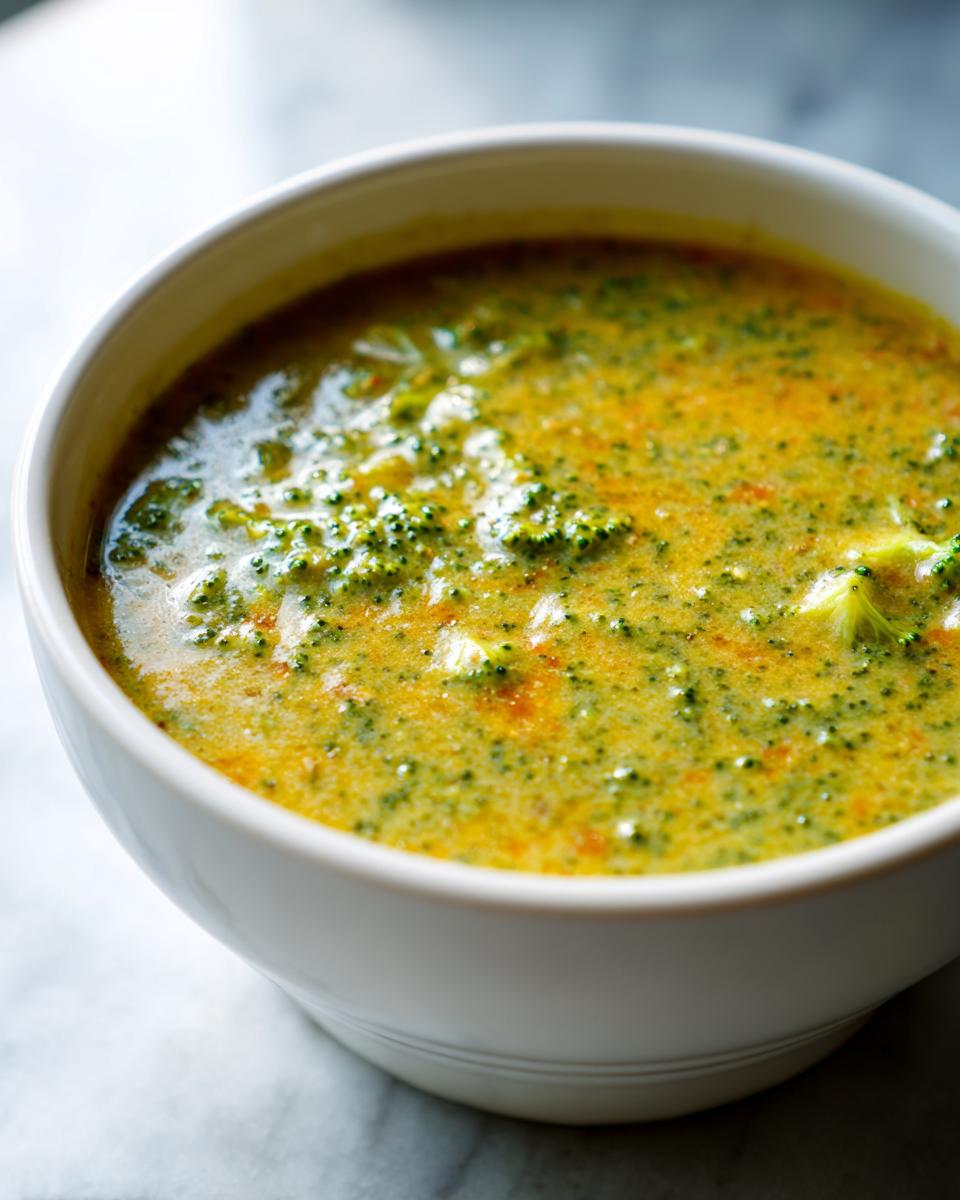 Close-up of a white bowl filled with creamy, vibrant green and orange broccoli cheddar soup.