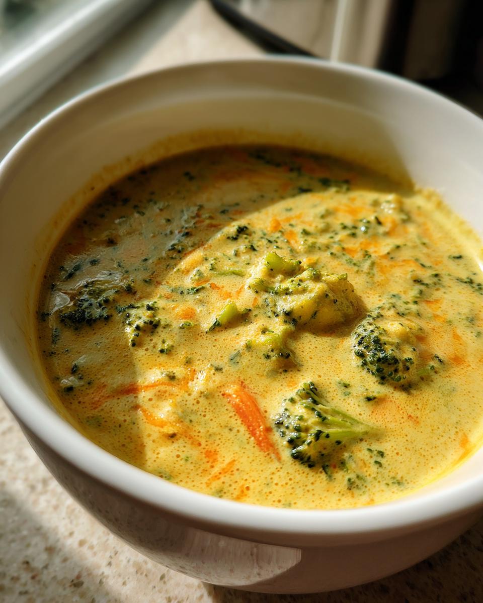 A close-up photo of a thick, creamy bowl of homemade broccoli cheddar soup, featuring visible florets and shredded carrots.