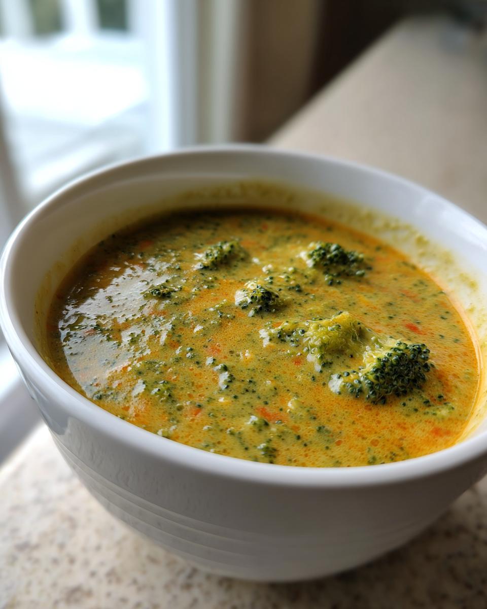 Close-up of a creamy, orange-yellow bowl of broccoli cheddar soup with visible florets.