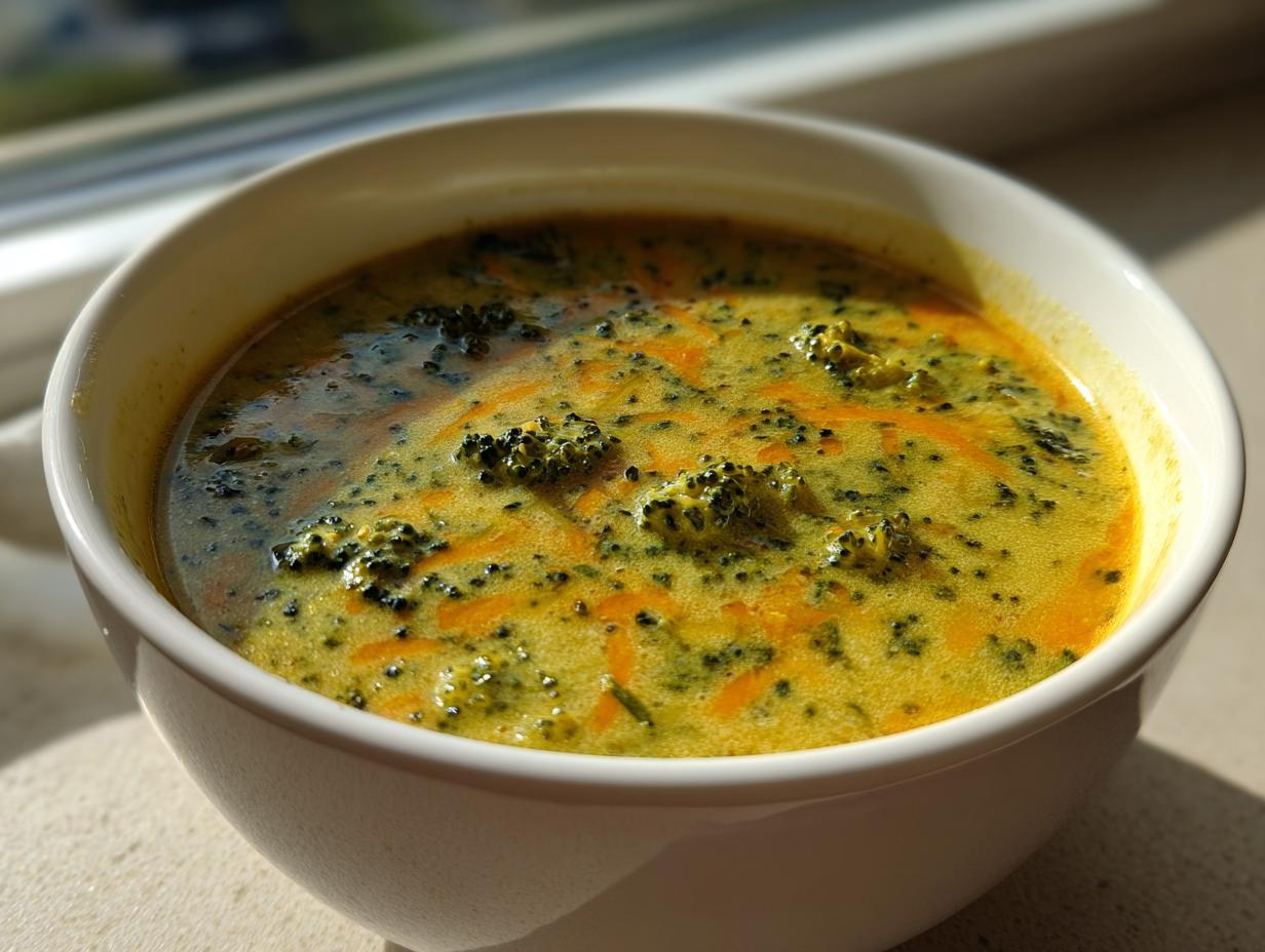 A close-up view of a creamy, golden yellow broccoli cheddar soup with visible florets and shredded carrots in a white bowl.