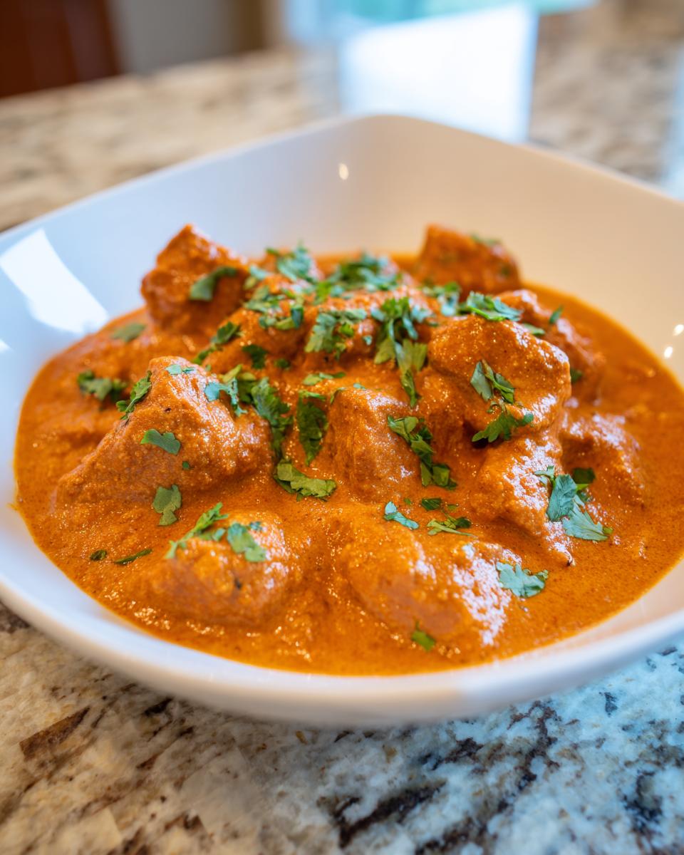 Close-up of creamy, orange butter chicken garnished with fresh cilantro in a white square bowl.