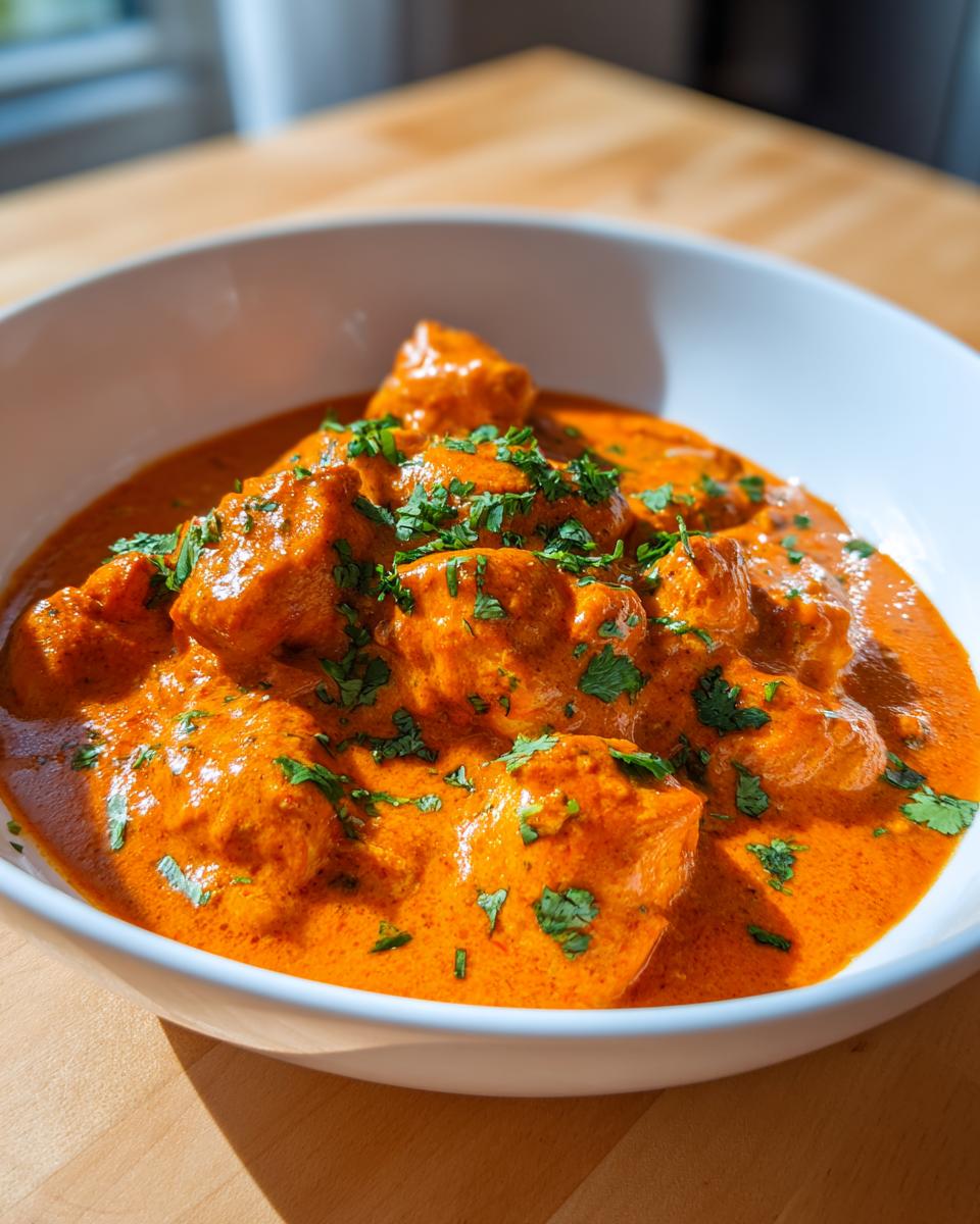 Close-up of rich, creamy butter chicken in a white bowl, garnished with fresh chopped cilantro.