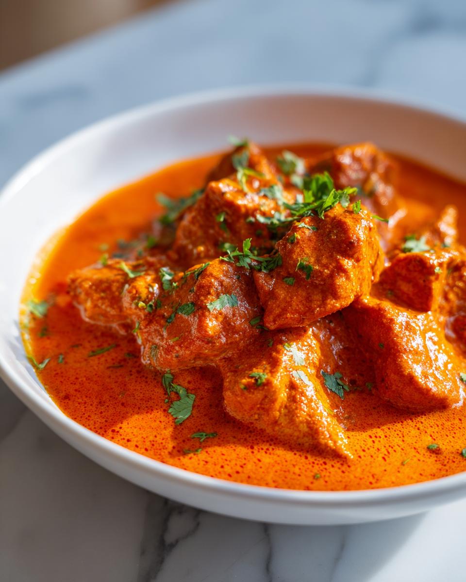 Close-up of rich, creamy butter chicken pieces submerged in vibrant orange sauce, garnished with fresh cilantro.