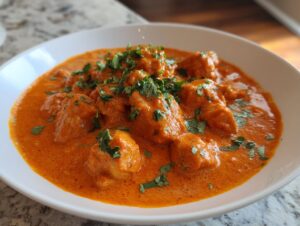 Close-up of creamy, orange-red butter chicken pieces garnished with fresh cilantro in a white bowl.