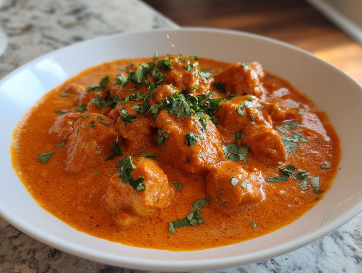 Close-up of creamy, orange-red butter chicken pieces garnished with fresh cilantro in a white bowl.