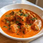 Close-up of rich, orange-red creamy butter chicken pieces garnished with fresh cilantro.