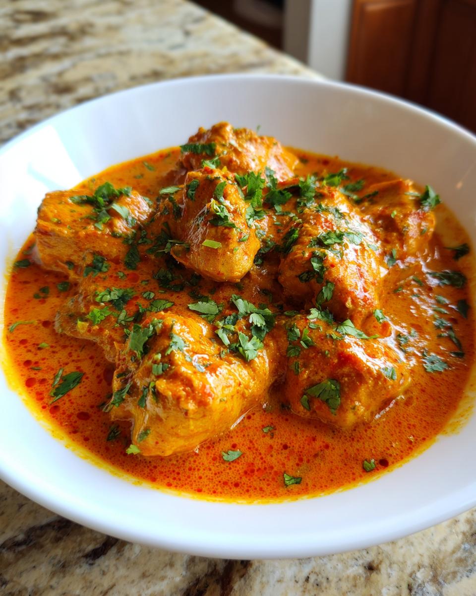Close-up of tender chicken pieces swimming in rich, orange sauce, garnished with fresh cilantro, ready to serve butter chicken.