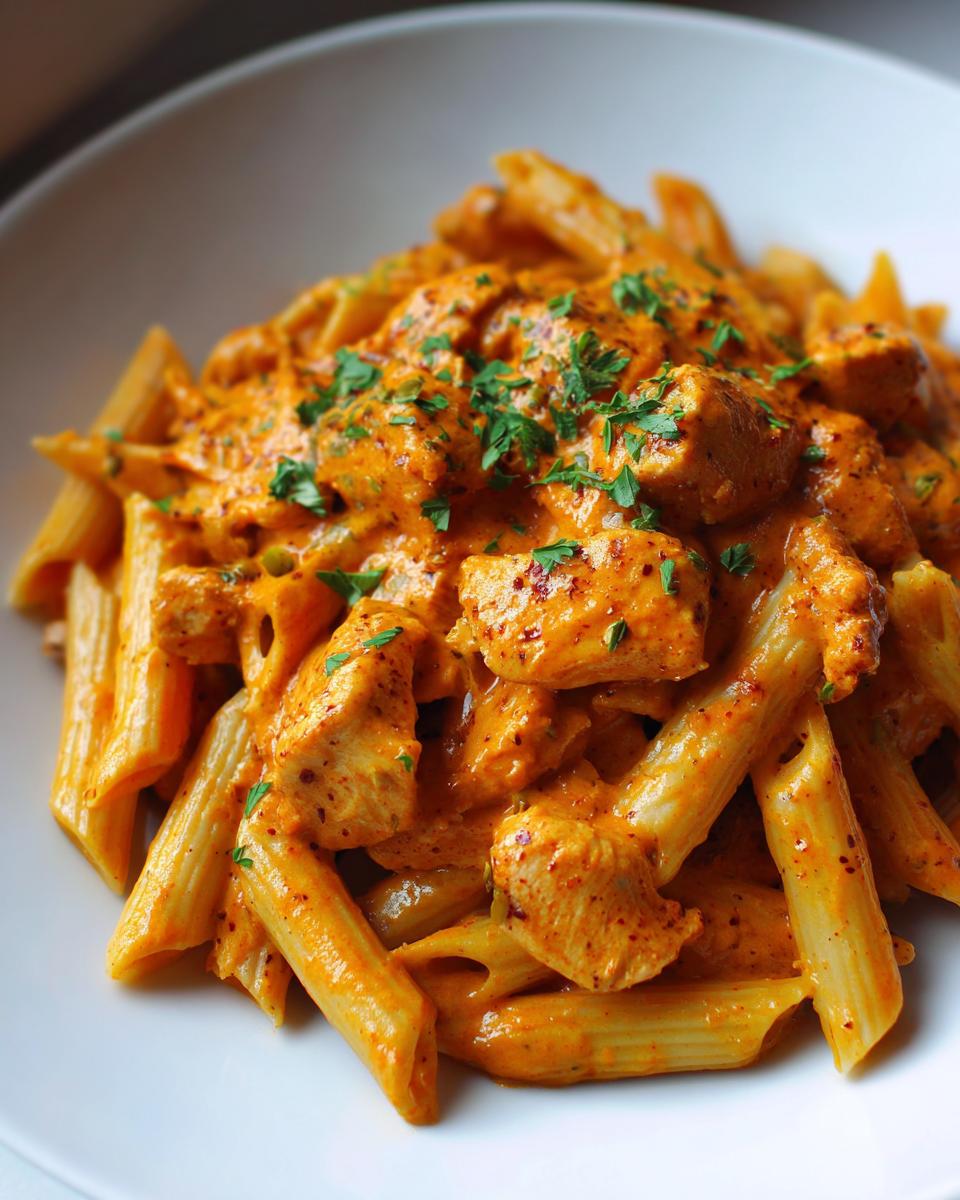 Close-up of creamy, orange-sauced cajun chicken pasta with penne noodles and fresh parsley garnish.