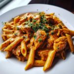 A close-up of creamy, orange-hued cajun chicken pasta made with penne, topped with fresh chopped parsley.