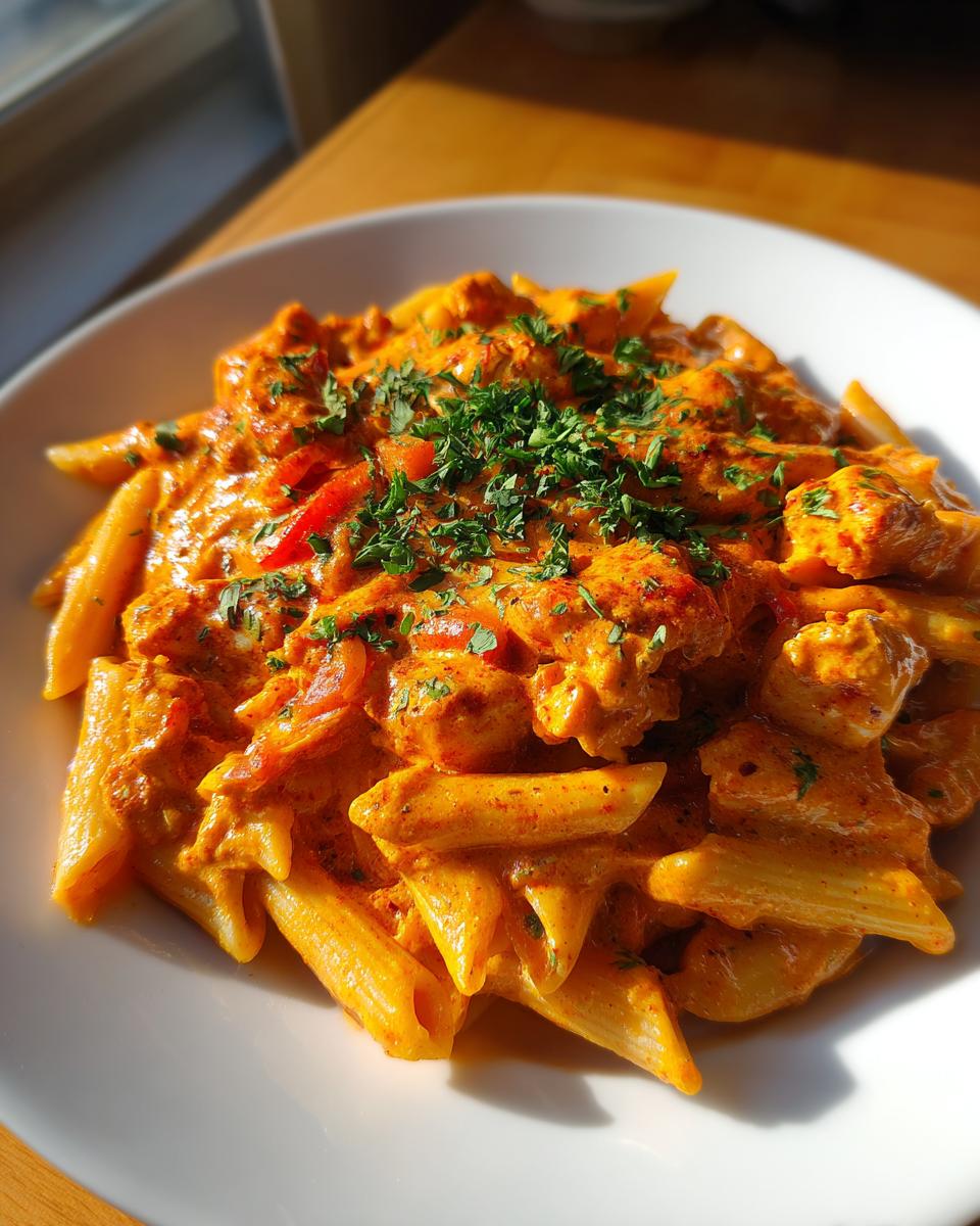 A close-up of creamy, orange-hued cajun chicken pasta featuring penne noodles and topped with fresh parsley.