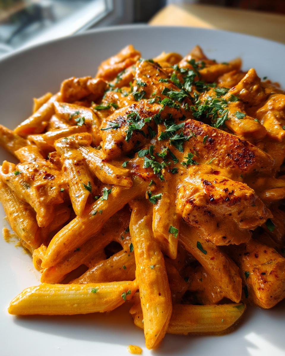 Close-up of a bowl of creamy cajun chicken pasta featuring penne noodles and seasoned chicken pieces, garnished with fresh parsley.